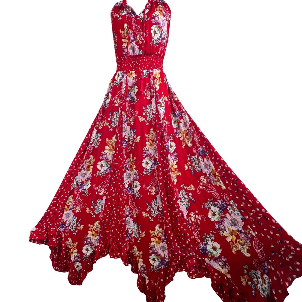 Patchwork Floral Maxi Dress Country Boho Romantic M Ruffle Hem